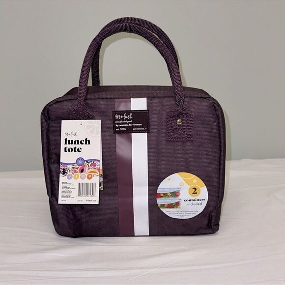 fit + fresh Bloomington Plum Stripe Lunch Tote Bag w/ Handles 1L Containers x 2 - Picture 1 of 13